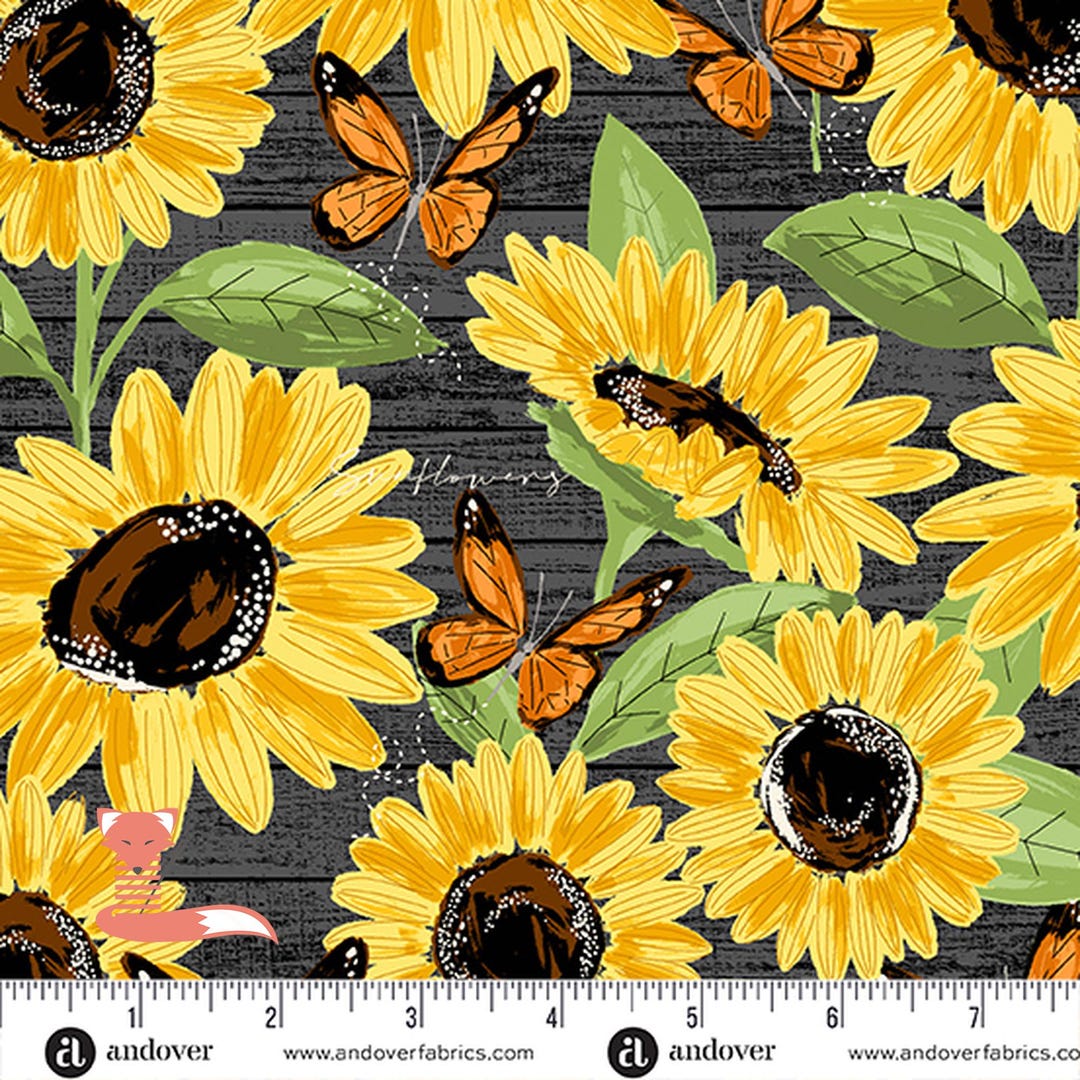 Sunflower Textiles Large Sunflowers on Black Fabric, Sunflower Meadow, Andover Fabrics ...