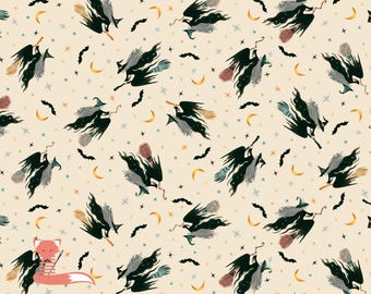 Remnant 1/2 yard, Witches and Broomsticks on Cream Fabric, Blank Quilting, 100% Cotton, 4864-41 Cream