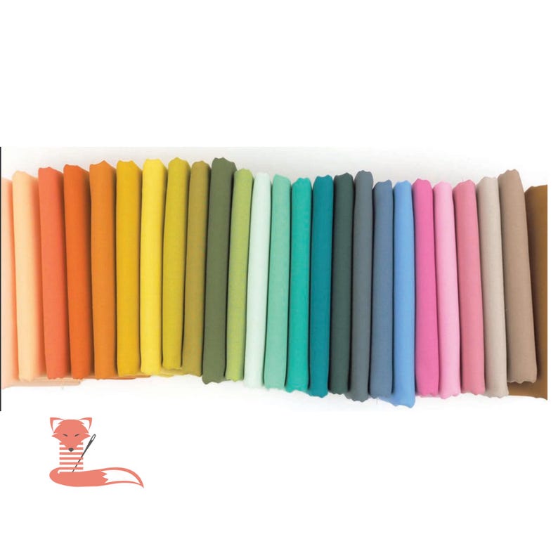 May include: A collection of folded fabric in a spectrum of colors, ranging from peach and orange to yellow, green, teal, blue, pink, and brown. The fabric is neatly arranged, showcasing a variety of hues suitable for sewing and crafting projects.