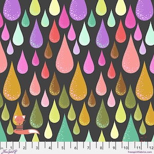 May include: A fabric pattern featuring colorful teardrop shapes in shades of pink, purple, yellow, green, and brown against a dark gray background. The teardrops have a dotted texture. The image includes a fox illustration and a ruler with inch measurements.