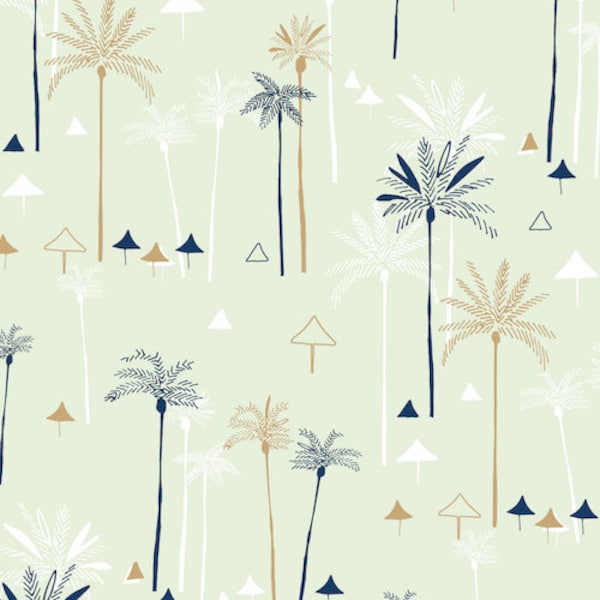 Palm Tree Fabric on Mint, Blue and Gold Palm Trees, Ocean Drive, Dashwood Studio, 100% Woven Cotton