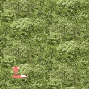 May include: A green and brown forest scene with a red fox sitting in the foreground.