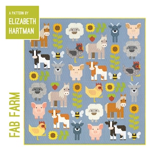 May include: A blue quilt block featuring a pattern of farm animals, including cows, pigs, sheep, chickens, horses, and goats. The animals are in a variety of colours and are surrounded by sunflowers and bees. The quilt block is titled "Fab Farm" and is a pattern by Elizabeth Hartman.