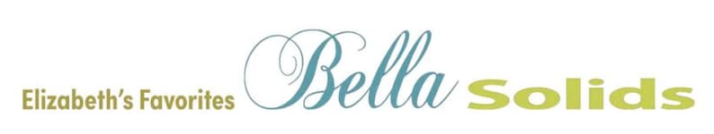 May include: The words "Elizabeth's Favorites" in a muted gold color, with the word "Bella" in teal script and "Solids" in a light green sans-serif font, against a white background.