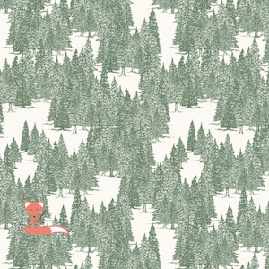 May include: A repeating pattern of green pine trees on a cream background. A small orange fox with a white-tipped tail is sitting in the lower left corner. The trees are detailed with a sketched style, creating a forest scene.