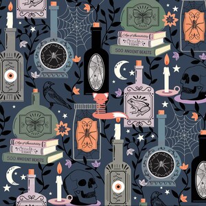 Può includere: Uno schema senza cuciture con uno sfondo blu scuro con varie illustrazioni di bottiglie, barattoli, teschi, candele, farfalle, ragni e corvi. Le bottiglie e i barattoli hanno etichette con il testo "Age of Inscrutability", "Occult Essays" e "500 Ancient Beasts".