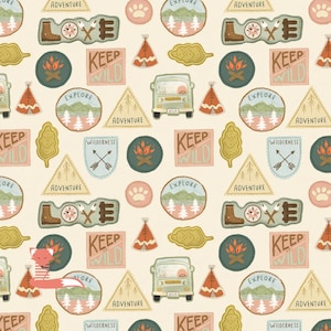 May include: A repeating pattern of camping-themed illustrations on a cream background. The design includes teepees, a camper van, a fox, boots, and badges with text like "Adventure," "Explore," and "Keep Wild." The color palette features muted tones of green, orange, and brown.
