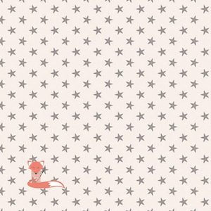 May include: A white background with a repeating pattern of gray stars. A red fox with a striped shirt is sitting in the center of the image holding a fishing rod.