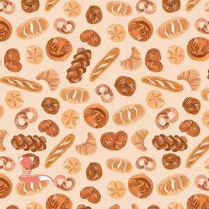 May include: A repeating pattern on a light peach background featuring various illustrated baked goods including baguettes, croissants, braided loaves, pretzels, and round rolls, with a small orange fox logo in the bottom left corner.