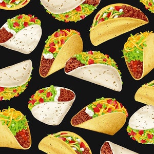 Remnant 34", Taco Fabric on Black, Food Fabric, Timeless Treasures, C6957