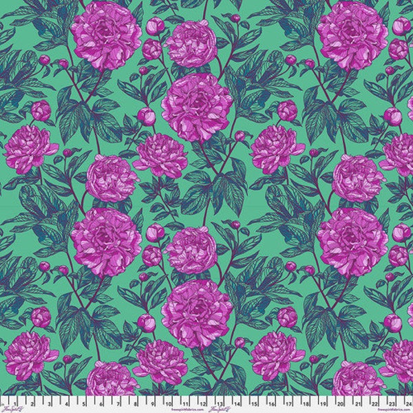 Purple Peonies on Jade Fabric, Housewarming,  Free Spirit, Anna Maria, 100% Cotton, PWAH207.JADE