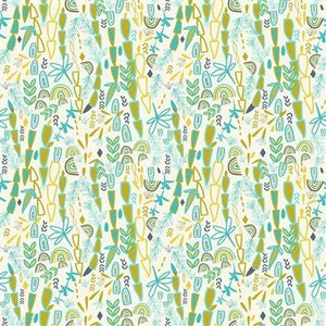 May include: A seamless pattern featuring a variety of abstract shapes and floral motifs in shades of teal, yellow, and white on a cream background.