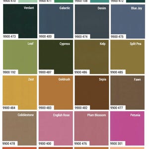 May include: A color palette featuring 24 color swatches with names and corresponding numerical codes. Colors range from cool greens and blues to warm oranges and pinks. Each swatch has a unique name like "Cool Mint" and "English Rose".