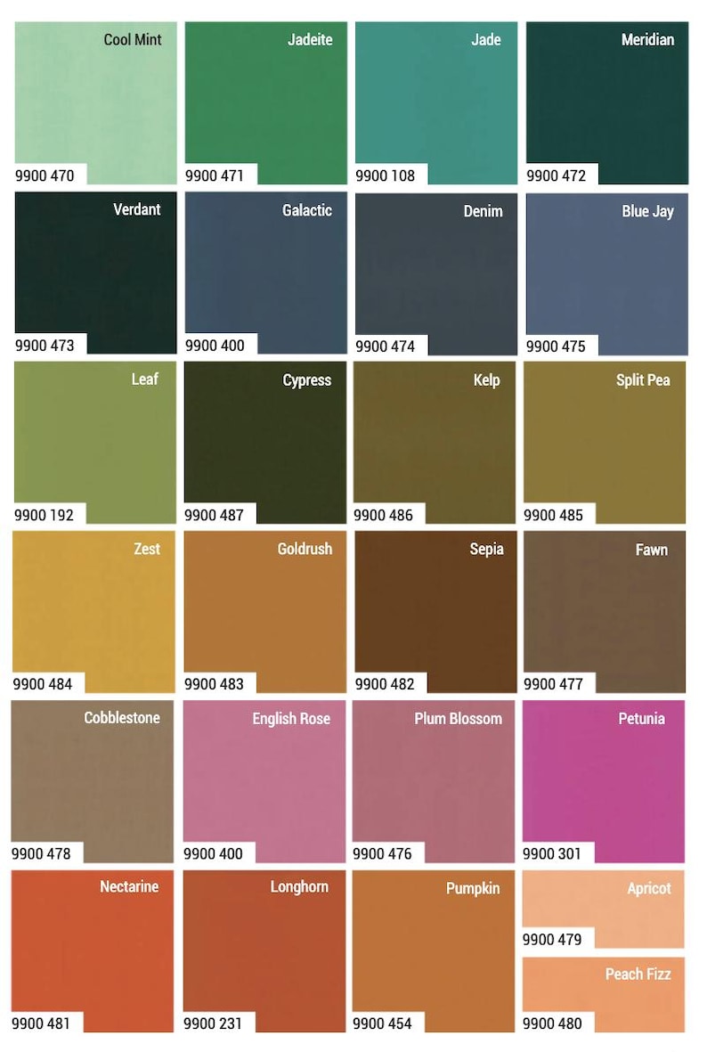 May include: A color palette featuring 24 color swatches with names and corresponding numerical codes. Colors range from cool greens and blues to warm oranges and pinks. Each swatch has a unique name like "Cool Mint" and "English Rose".