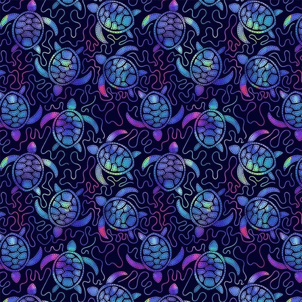 Sea Turtles on Navy Fabric, Electric Ocean, Timeless Treasures, 100% Woven Cotton, CD2853