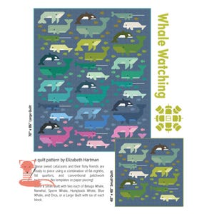 May include: A blue quilt pattern featuring various whales and fish in shades of green, blue, pink, and white. The text "Whale Watching" is displayed vertically. The large quilt measures 70" x 86", and the small quilt is 48" x 48".