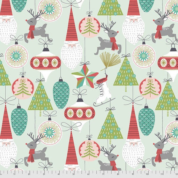 Bells and Baubles on Aqua Blue Fabric, Reindeer, Ornaments, Santa, Fa La La, Free Spirit Fabrics, Maude Asbury, 100% Cotton, PWMA015.XAQUA