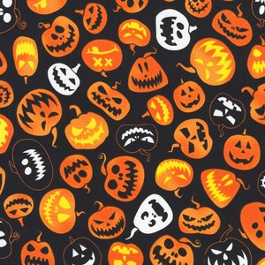 May include: A black background with a repeating pattern of orange and black jack-o'-lantern faces. The jack-o'-lanterns have different facial expressions and some have teeth.