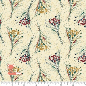 May include: A repeating pattern of stylized floral bouquets in shades of red, yellow, and green on a cream background. The bouquets are tied with brown twine. A small fox illustration is in the lower left corner. The pattern is suitable for fabric or wallpaper.