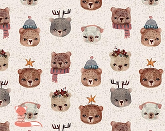 FQ, Animal Faces on Taupe Fabric, Cozy Cubs, Figo Fabrics, 100% Cotton, 91101-14