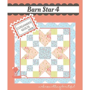 May include: A quilt pattern called "Barn Star 4" by Coriander Quilts. The pattern features a star design with a light pink, blue, and green color scheme. The pattern is surrounded by a blue and white border.