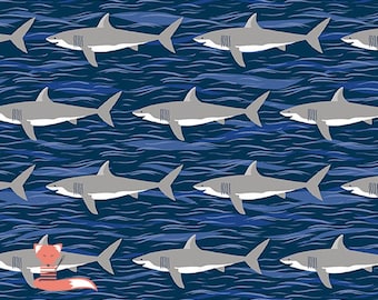 Remnant 2/3 yard, Sharks on Dark Blue Fabric, Deep Blue Sea, Andover Fabrics, 100% Cotton, MU-141-B8