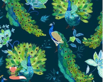 Remnant 34", Peacock Promenade on Navy Fabric, Promenade, Windham Fabrics, 100% Cotton, 53796-1
