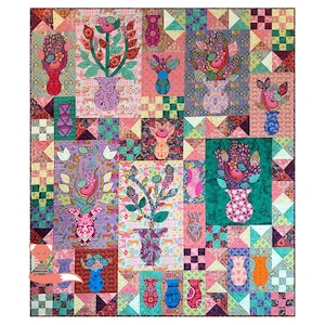 May include: A rectangular quilt featuring a patchwork design of various floral arrangements in vases. The composition includes multiple blocks with diverse patterns, colors, and shapes, showcasing a vibrant array of botanical motifs and geometric borders.