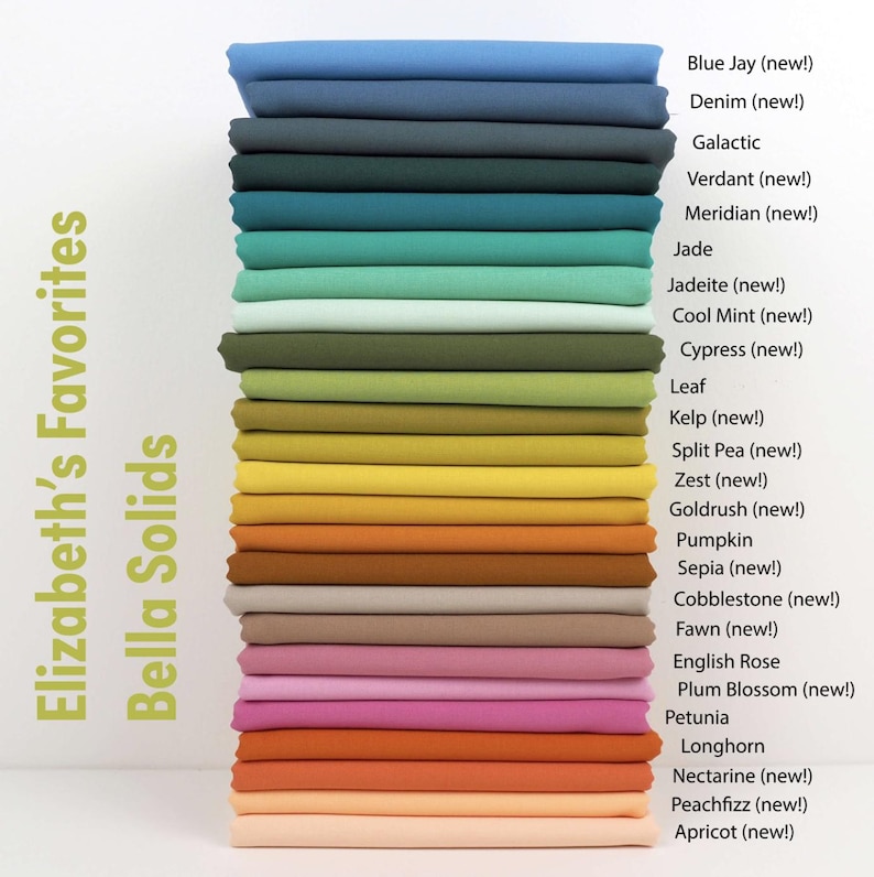 May include: A stack of folded fabric in various colors, including blue, green, yellow, orange, and pink. The text "Elizabeth's Favorites Bella Solids" is on the left. Color names like "Blue Jay," "Denim," and "Pumpkin" are listed on the right.