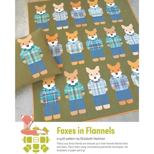 May include: A quilt pattern featuring a design of foxes wearing flannel shirts and jeans. The quilt is made up of a grid of foxes on a green background. The title "Foxes in Flannels" is written in yellow text at the bottom of the image. The text below the title reads "a quilt pattern by Elizabeth Hartman".