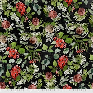 Evergreen Floral on Black Fabric, Christmastime by Tim Holtz Eclectic Elements, 100% Cotton, PWTH162.BLACK