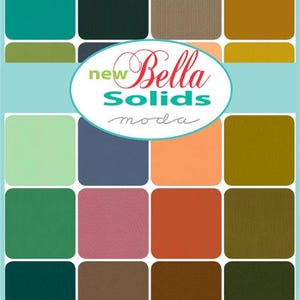 May include: A color palette featuring sixteen solid fabric swatches in various shades of green, blue, brown, and orange. The text "new Bella Solids moda" is displayed in a circular design.