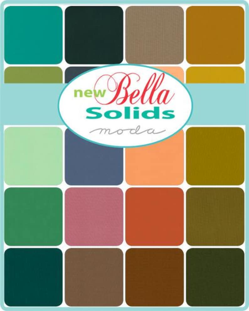 May include: A color palette featuring sixteen solid fabric swatches in various shades of green, blue, brown, and orange. The text "new Bella Solids moda" is displayed in a circular design.
