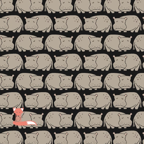 Hippo Fabric, Rising Sun Weary Hippo, Black Fabric, Cotton and Steel, 100% Cotton, LV901-BK4