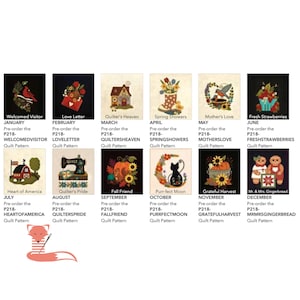 May include: A collection of twelve square quilt pattern designs arranged in a grid, each featuring seasonal illustrations and text labels from January to December, including titles like Welcomed Visitor, Love Letter, and Mr. & Mrs. Gingerbread.