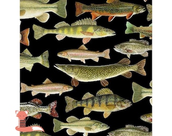 Fish Fabric on Black, Fishing Trophies, Timeless Treasures, C6405