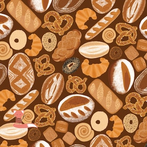 May include: A brown background with a repeating pattern of various baked goods. The pattern includes pretzels, croissants, bagels, loaves of bread, and other pastries in shades of brown and tan.