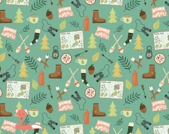 Camp Gear Toss Fabric, Cedar Camp Fabric, Ramble & Bramble, Dashwood Studio, 100% Cotton, CEDAR 2369