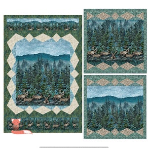 May include: A quilt pattern featuring a misty forest scene with a herd of elk in the foreground. The pattern is made up of a central square with a diamond border and a smaller border of repeating forest scenes.