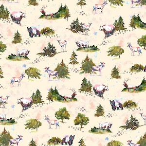 Animals and Trees on Cream Fabric, Wherever I May Roam Hot Spring, Wild and Wonderful, RJR Fabrics, TM101-HS2D