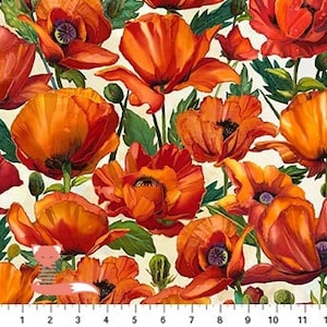 Poppy Flowers on Cream Fabric, Charisma, Northcott Fabrics, 100% Cotton, DP25562-12