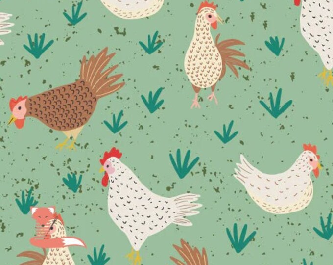 Remnant 1/2 Yard, Gathering Chickens on Green Fabric, Chicken Scratch ...