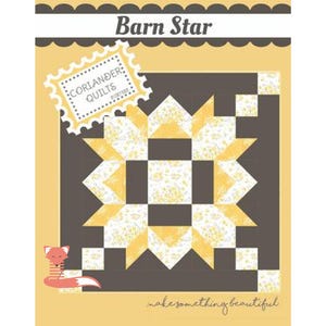 May include: A quilt pattern called "Barn Star" by Coriander Quilts. The pattern features a star design with yellow and white fabric on a brown background. The text "makesomethingbeautiful" is at the bottom of the image.