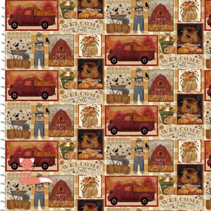 May include: A fabric pattern featuring repeating illustrations of red pickup trucks filled with pumpkins, scarecrows in overalls, red barns, sunflowers, and buckets of pumpkins with the text Welcome Fall, all set against a plaid background.