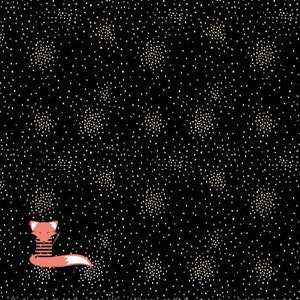 May include: A black background with a repeating pattern of small gold circles. A red fox with white stripes is sitting in the centre of the image.