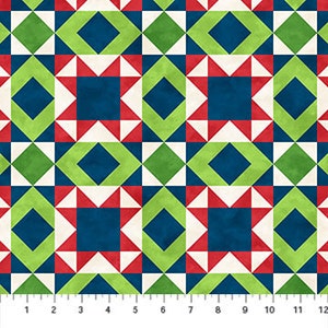 May include: A repeating geometric pattern fabric with a patchwork design. The fabric features squares, diamonds, and triangles in shades of green, blue, red, and white.