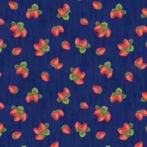 Strawberries on Blue Fabric, Fruit Fabric, Wilmington Prints, 82607-493
