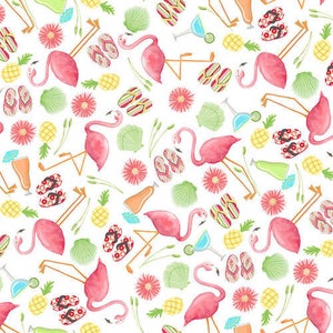 Flamingos, Drinks, Sandals Toss on White, Let&#39;s Flamingle!, Blank Quilting, 121270-01