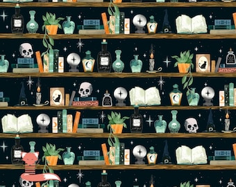 Remnant 1 yard, Halloween Bookshelf on Black Fabric, Blank Quilting, 100% Cotton, 4861-99 Black