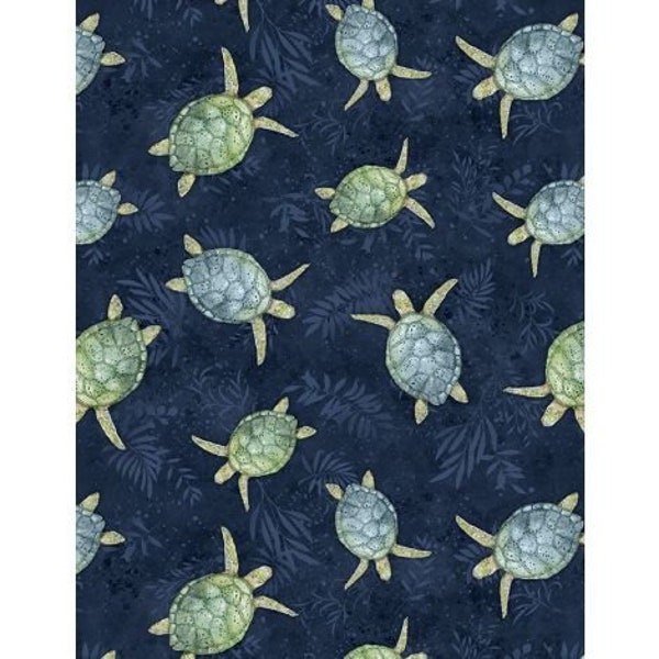 Sea Turtles on Navy Blue Fabric, Paradise Bay, Wilmington Prints, Joy Hall, 100% Cotton, 40755-474
